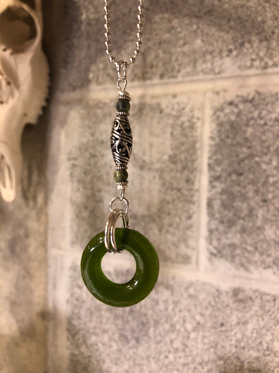 Upcycled wine bottle pendant