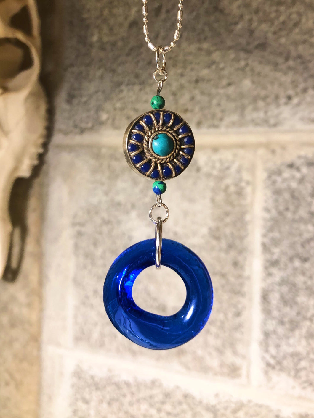 Upcycled Cobalt Blue Wine Bottle Pendant with Tibetan Bead