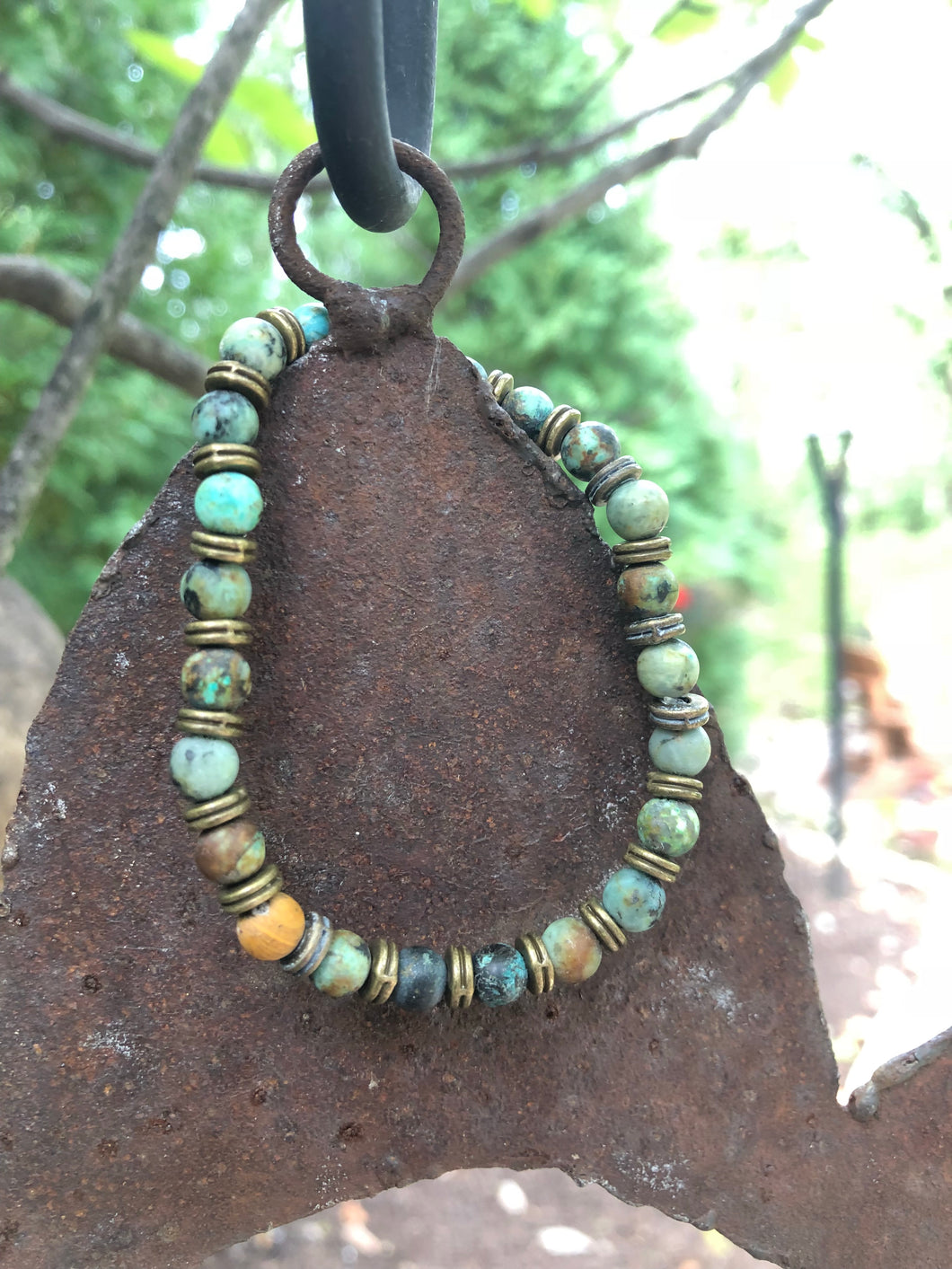 African Turquoise Semi-Precious Stone Bracelet with Bronze Accent