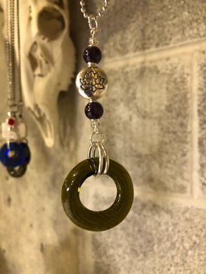 Upcycled Wine Bottle Pendant with Amethyst Semi-precious stones and Lotus